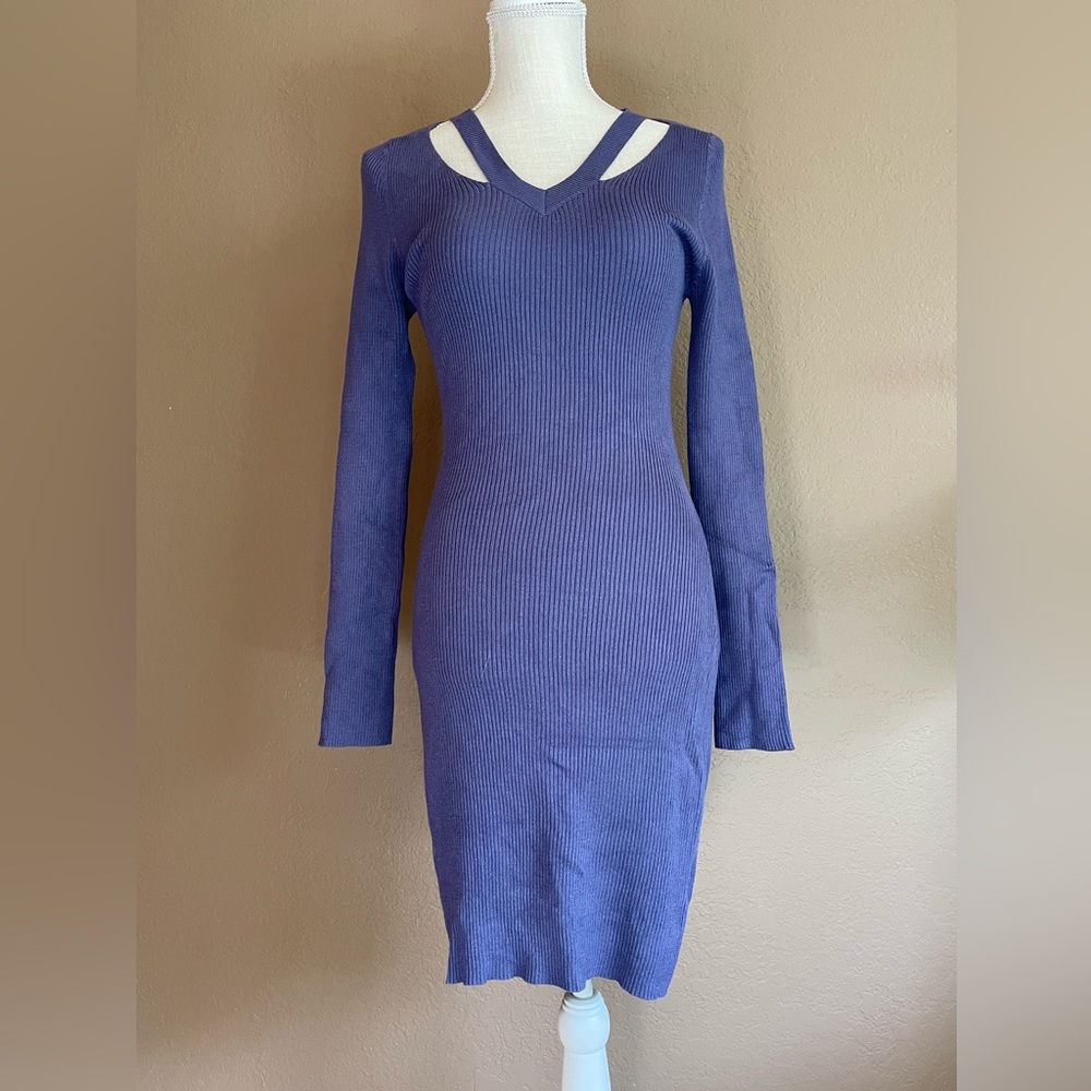 Long sleeve, lightweight, bluish-purple dress.